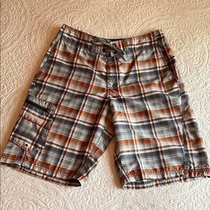 Columbia Board Shorts Mens 30 Plaid Orange Gray Swimsuit Sportswear Preppy